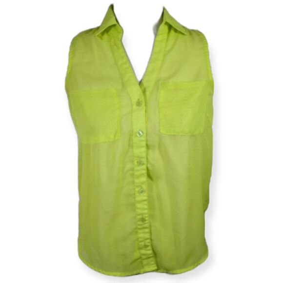 WET SEAL NEON GREEN SHEER BUTTON DOWN SLEEVELESS BLOUSE SZ.XS EUC - Picture 1 of 6